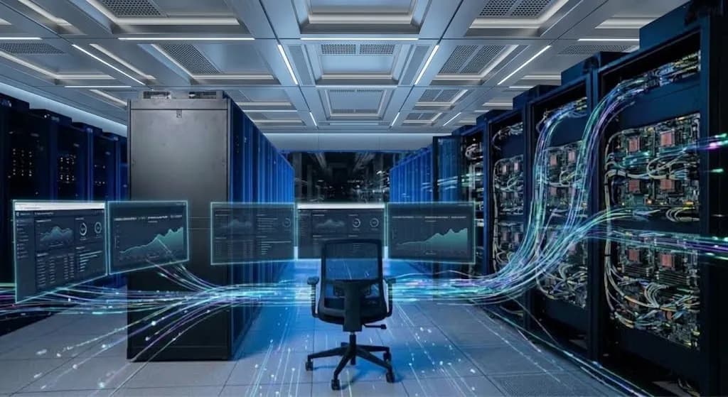 Ein Gang in einem Rechenzentrum mit Reihen von GPU-Server-Racks und Monitoring-Dashboards